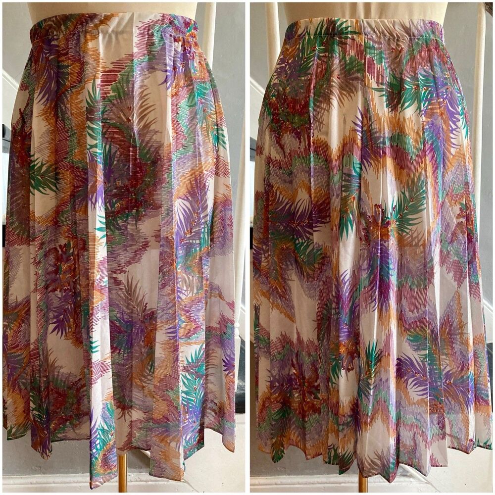 1970s Semi-sheer Leaf Tropical Print Midi Skirt Pleated Disco Polyester Hippie